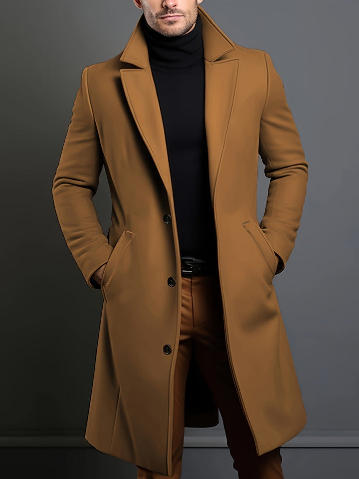 Men's classic single-breasted lapel overcoat, regular fit, ideal for fall & winter menswear.