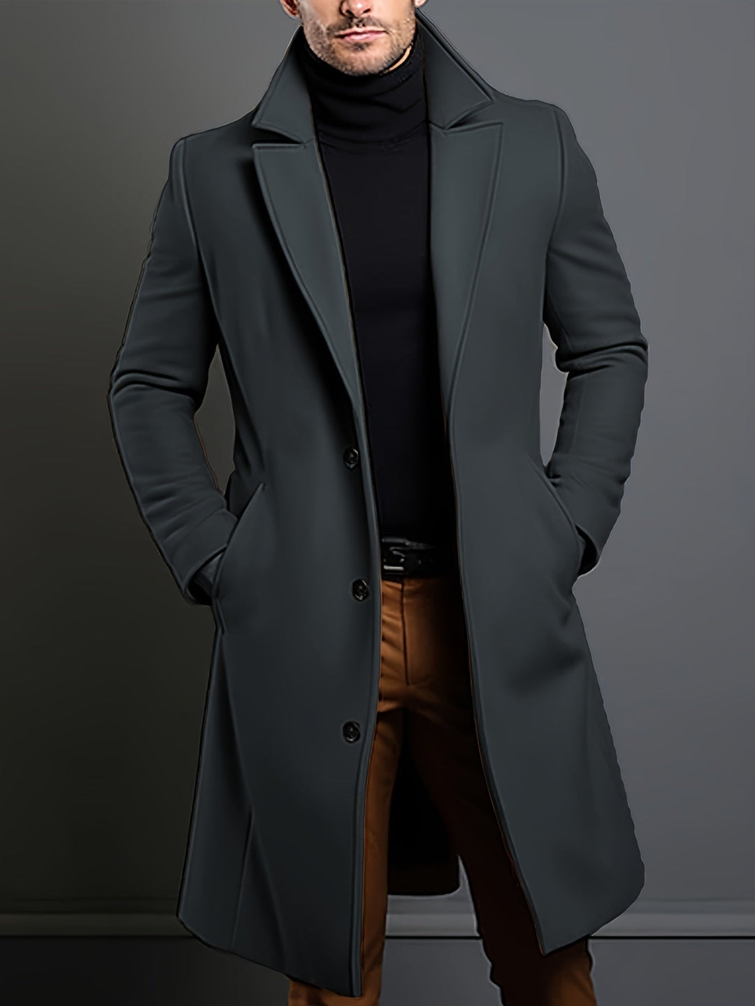 Man wearing a stylish dark blue single-breasted lapel overcoat. Classic long coat for urban fall/winter menswear.