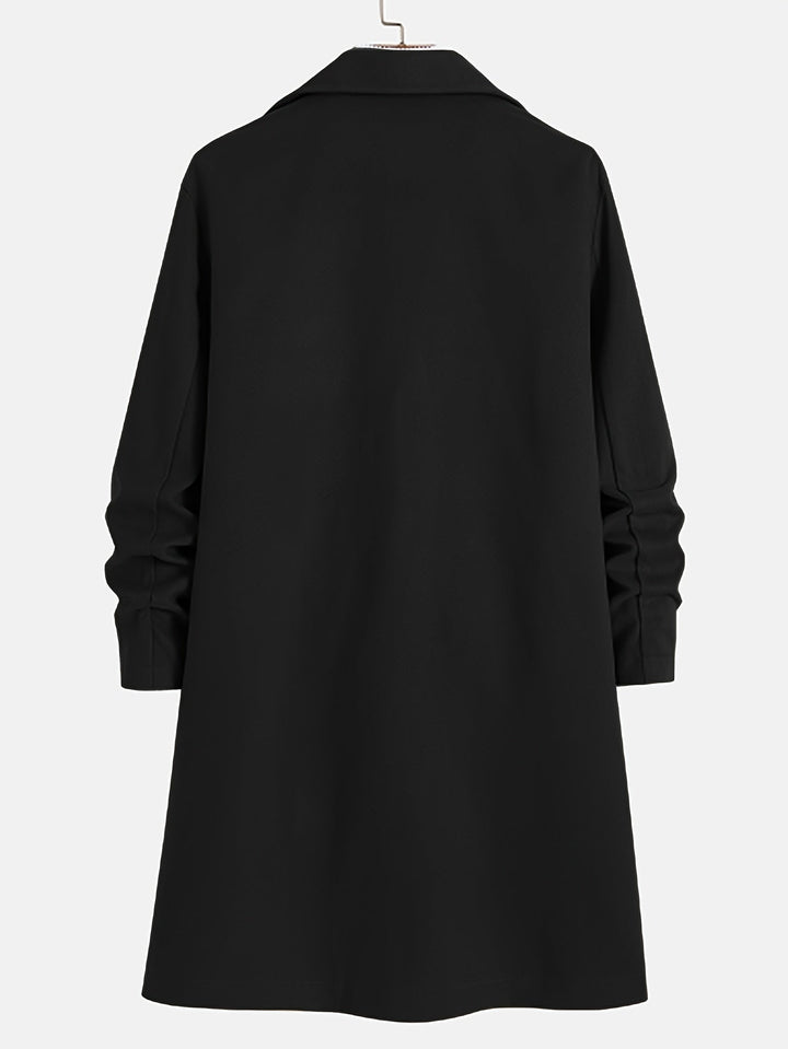 Black men's long single-breasted overcoat. Classic lapel winter outerwear, perfect for formal occasions.
