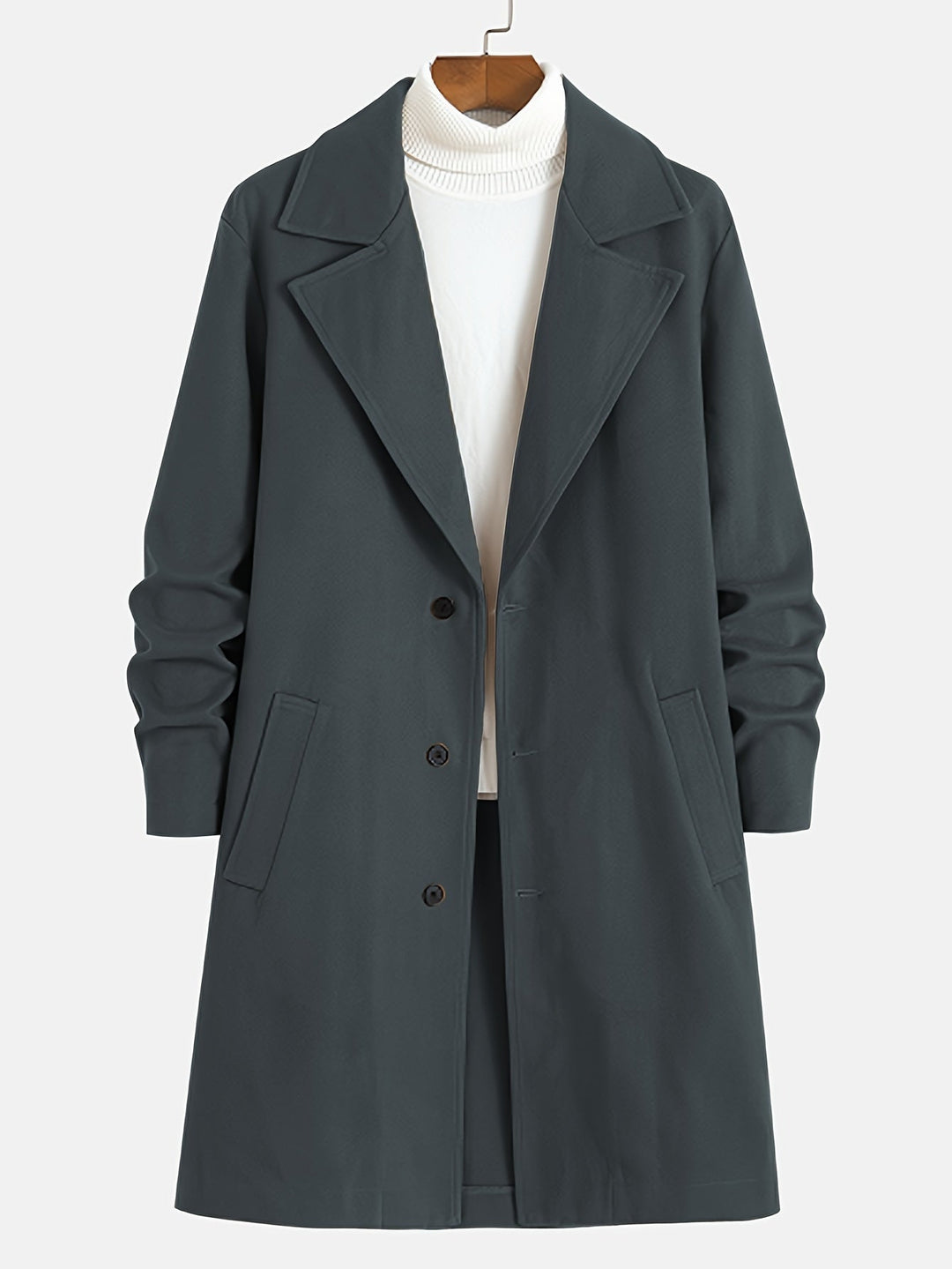 Men's elegant single-breasted lapel overcoat, regular fit. A classic long coat for business or smart casual style.