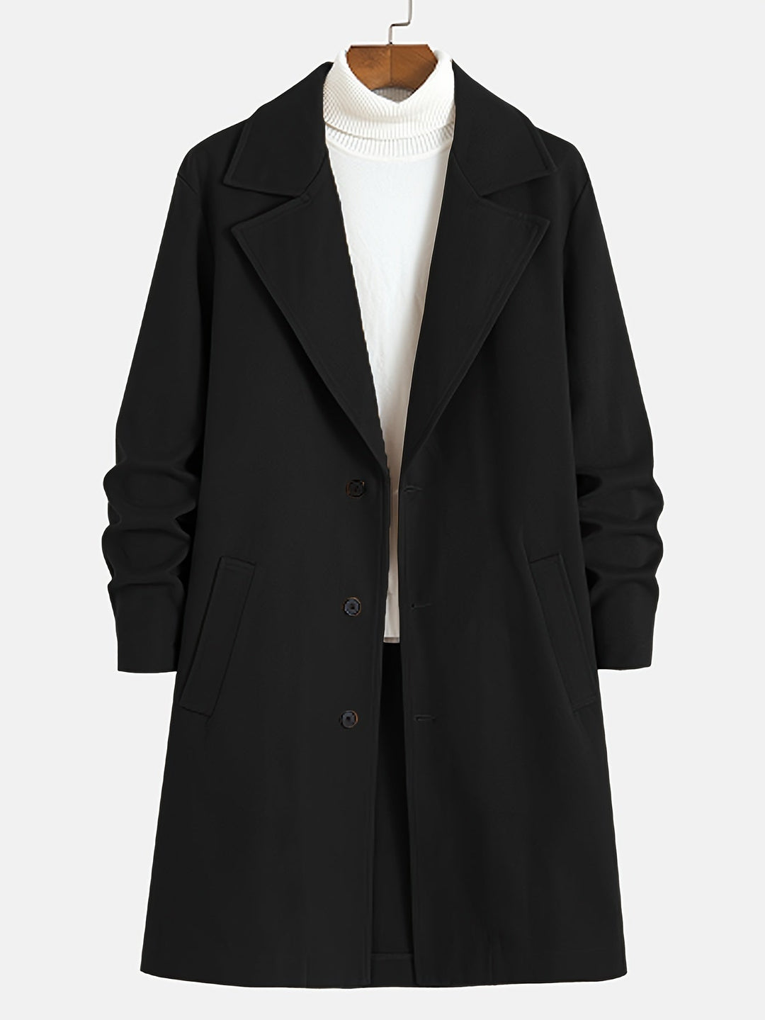 Men's all-season single-breasted lapel overcoat. A versatile long coat for fall, winter, and smart menswear.