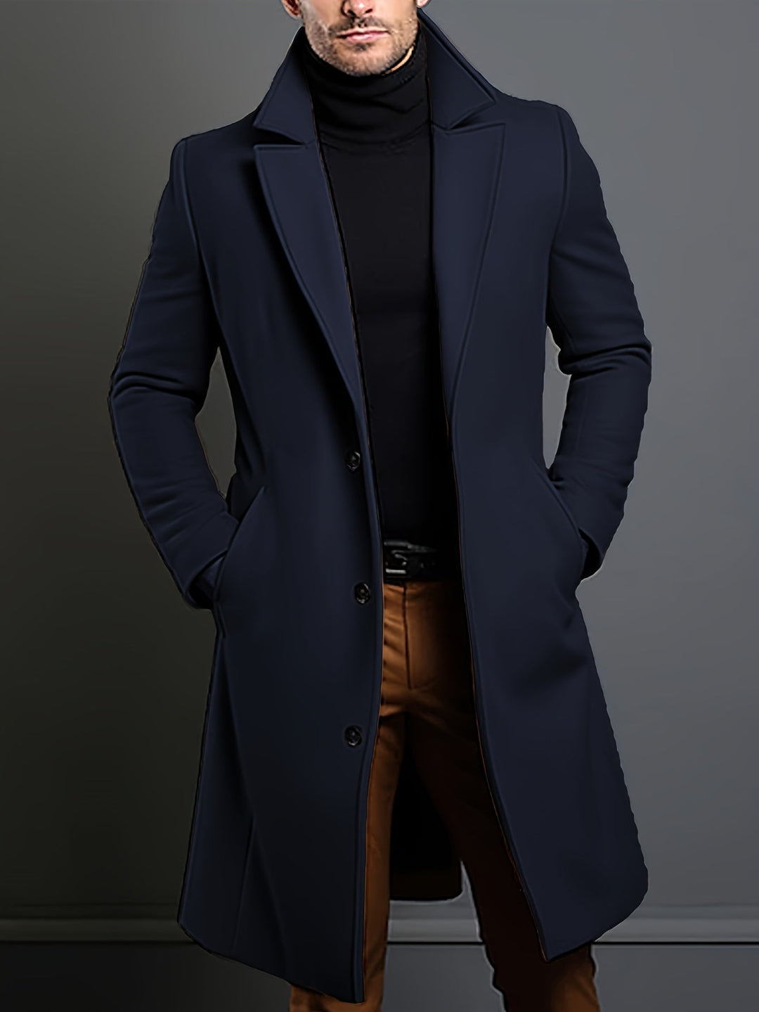 Russell men's single-breasted lapel overcoat. Classic long coat, ideal winter outerwear for smart business casual style.
