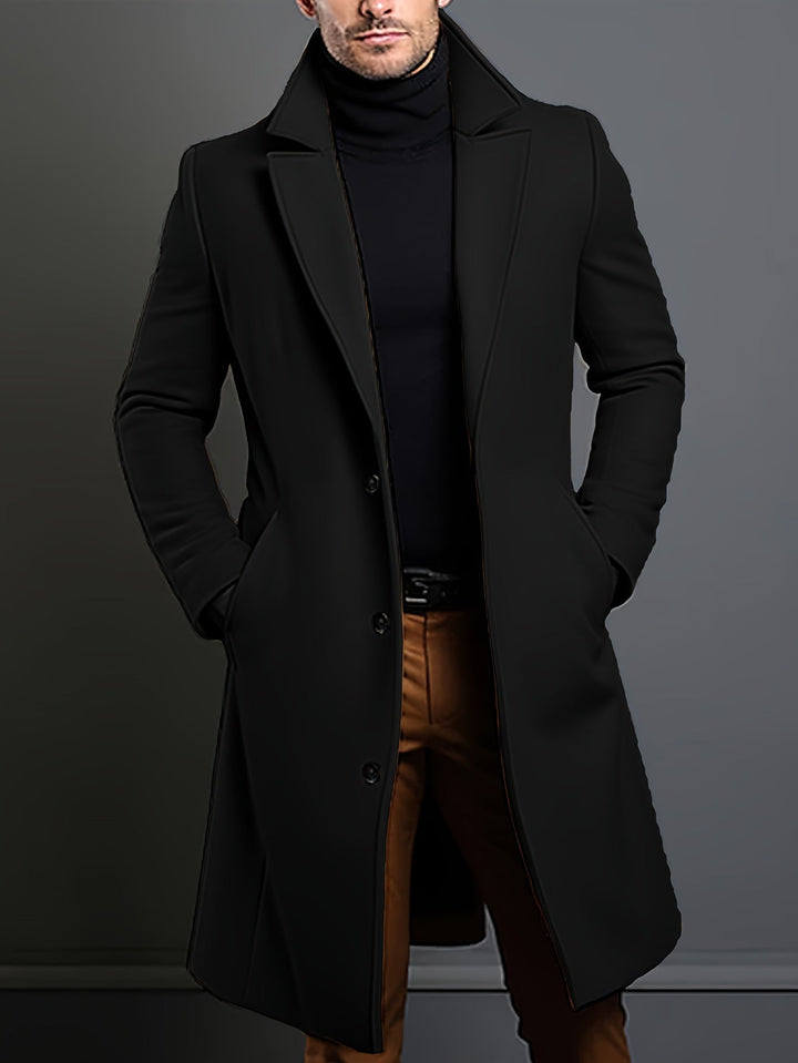 Men's classic long lapel overcoat, single-breasted design. Perfect for fall & winter fashion, business wear.