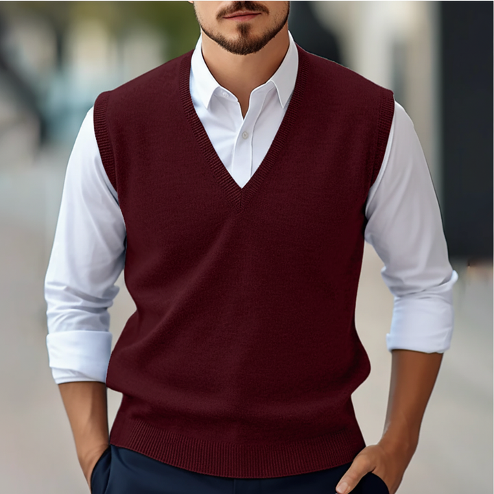 Men's classic sleeveless knitted cotton V-neck vest, ideal for layering and casual menswear