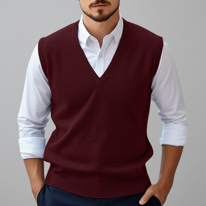Close-up of a men's knitted cotton V-neck vest, showcasing the soft texture and quality