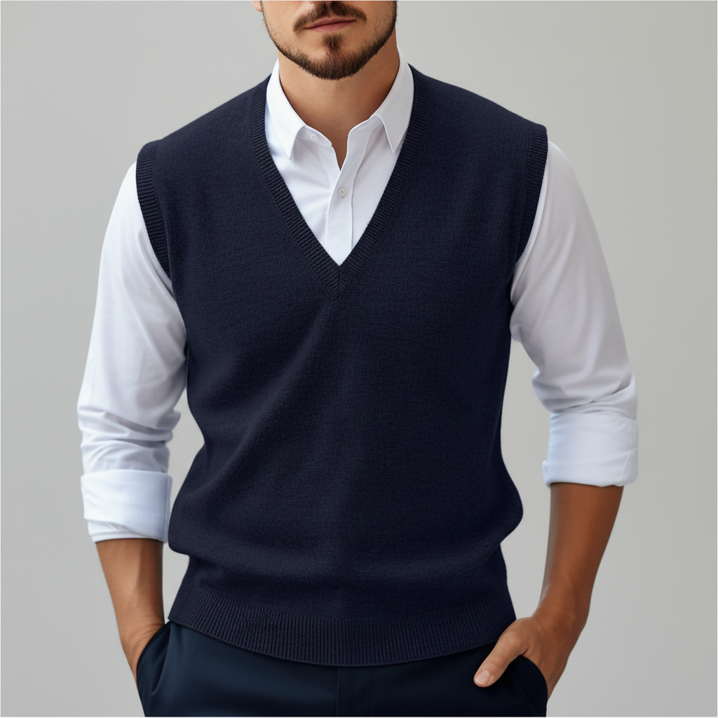 Back view of a plain men's knitted cotton sleeveless vest, essential for menswear layering