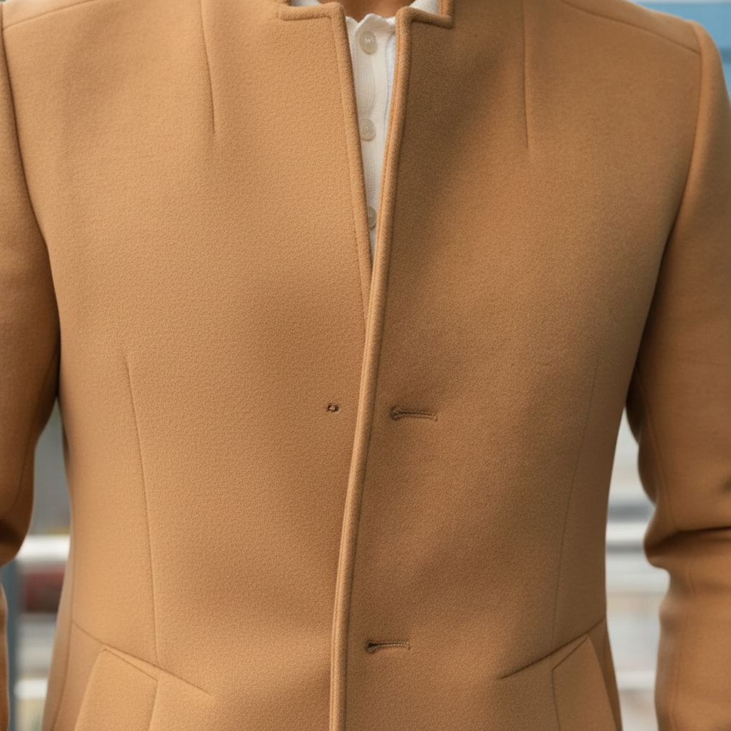 Stylish men's autumn outerwear: wool blend classic coat, back view