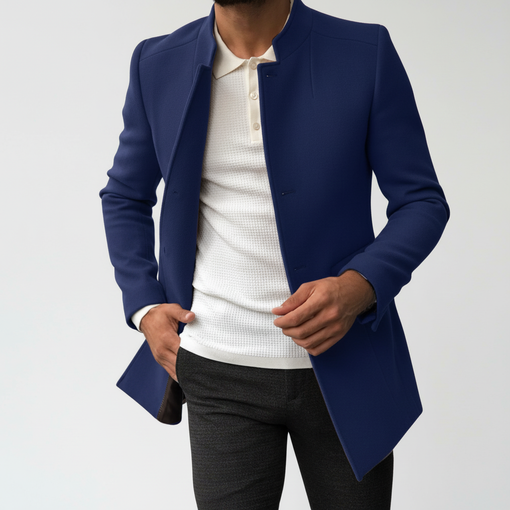Close-up of fabric on Manfred men's classic wool blend coat
