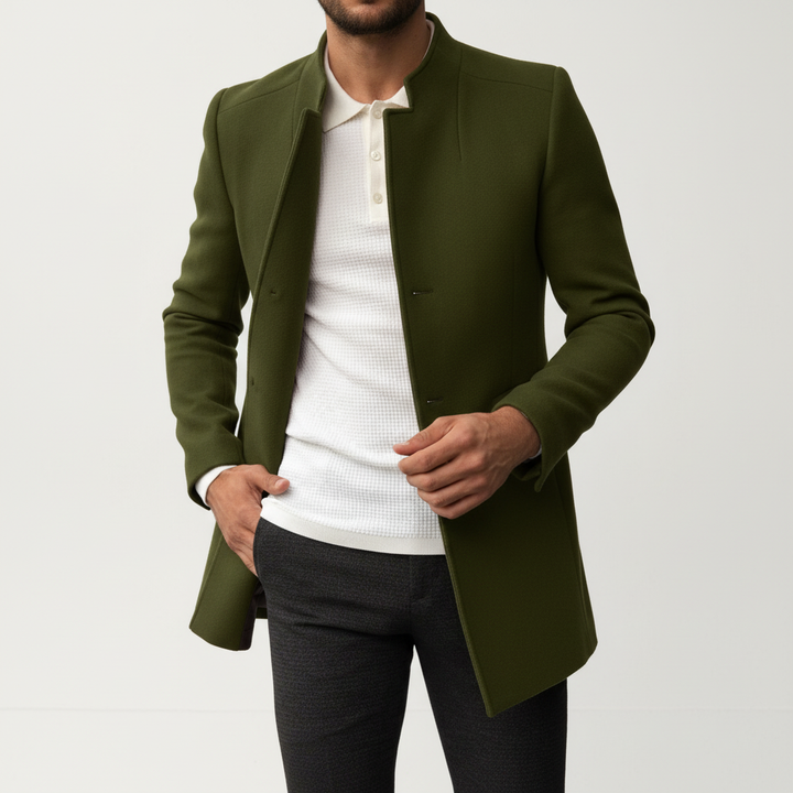 Man modeling a classic slim fit autumn wool blend men's coat