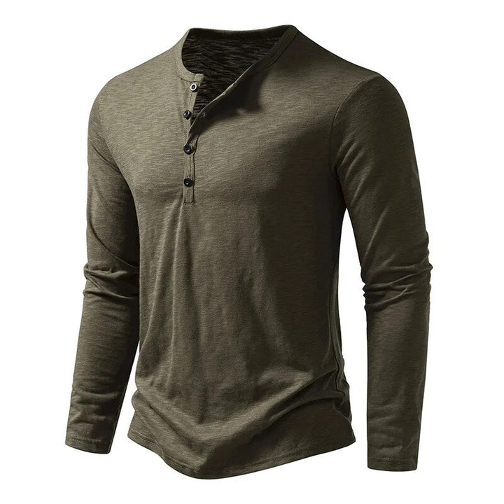 Men's slim fit henley button shirt with long sleeves, a classic casual top for everyday comfort.