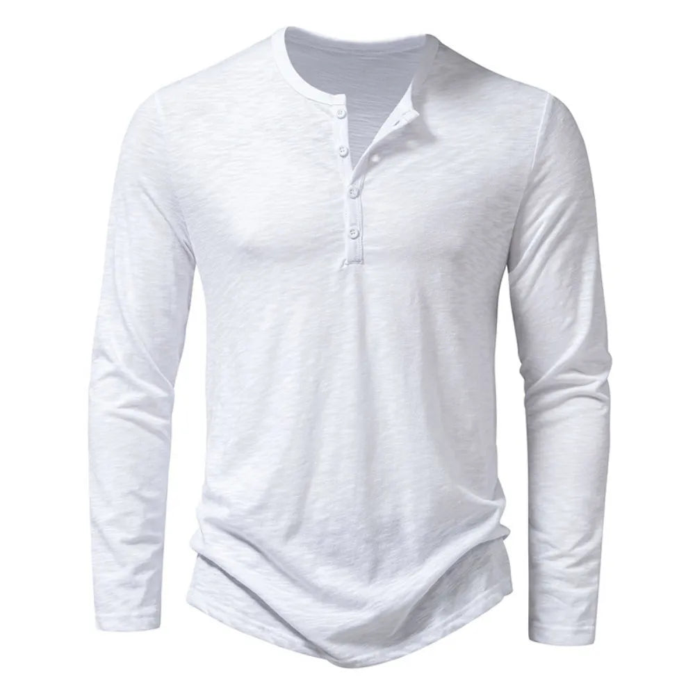 Everyday men's slim fit long sleeve henley button shirt, comfortable & stylish for casual wear.