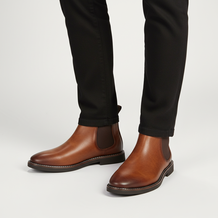 Stylish men's black Chelsea boots with elastic side panels, ideal for autumn and winter fashion