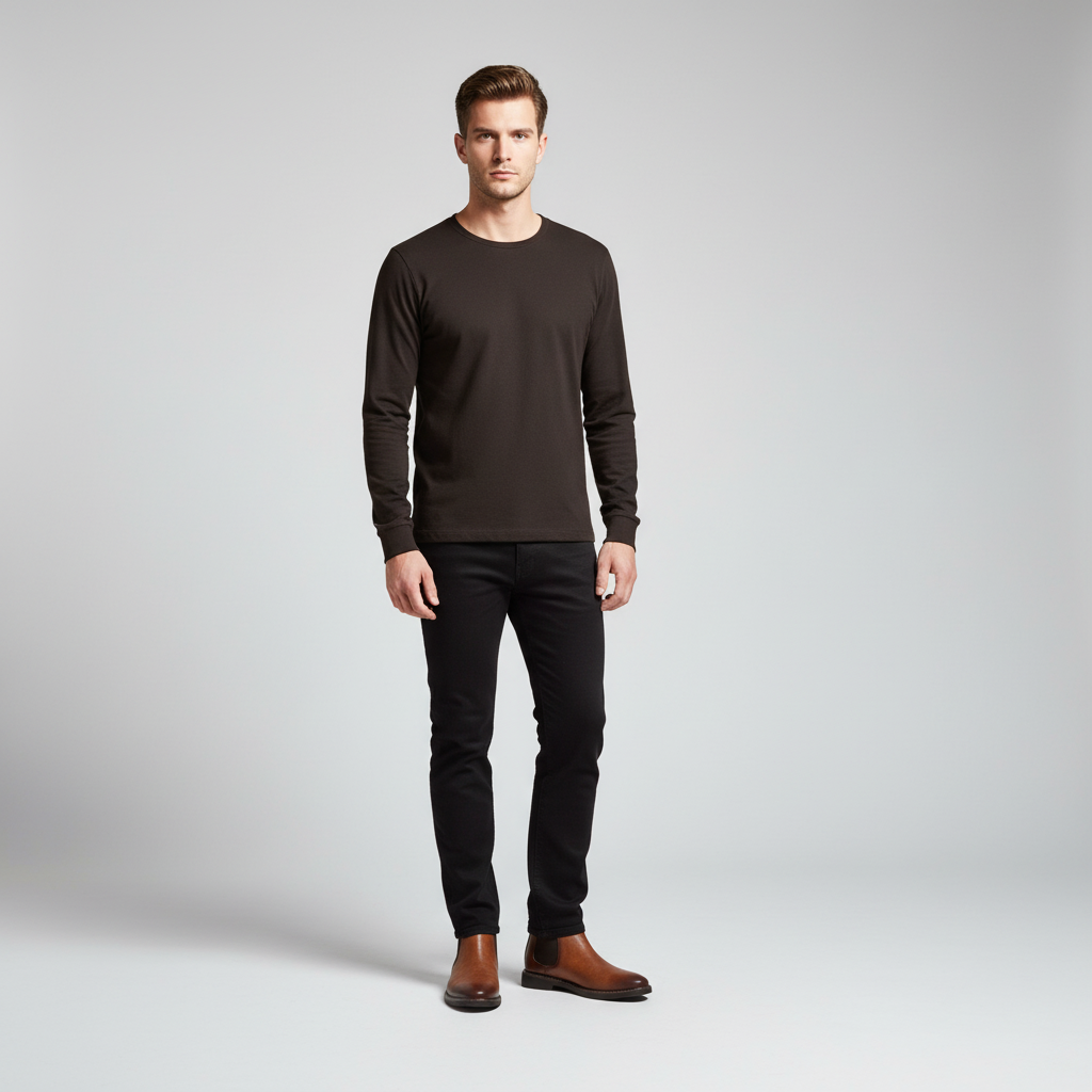 Close-up of men's black Chelsea boots, showcasing the smooth synthetic leather and slip-on feature