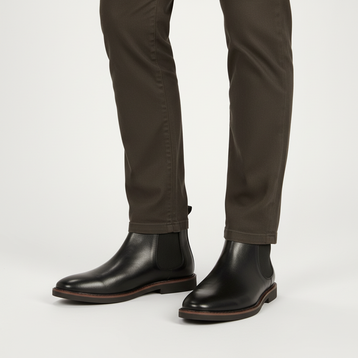 Men's casual yet formal black Chelsea boots, essential autumn and winter footwear with a slip-on design