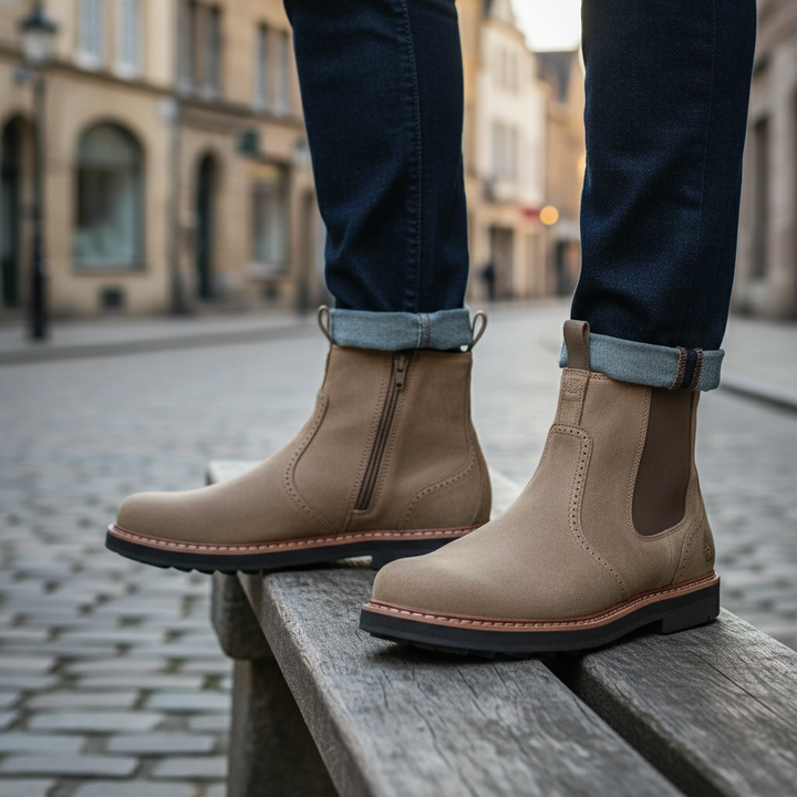 Men's classic slip-on Chelsea boots in black faux leather, perfect for autumn and winter business casual.