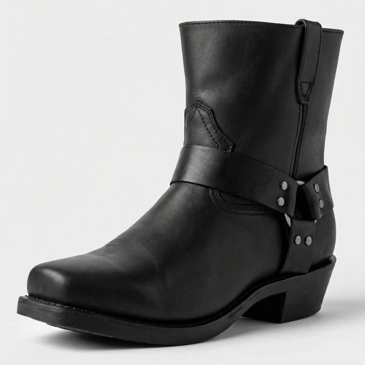 Durable men's Western-style slip-on cowboy boots, designed for comfort & timeless style with a classic block heel.