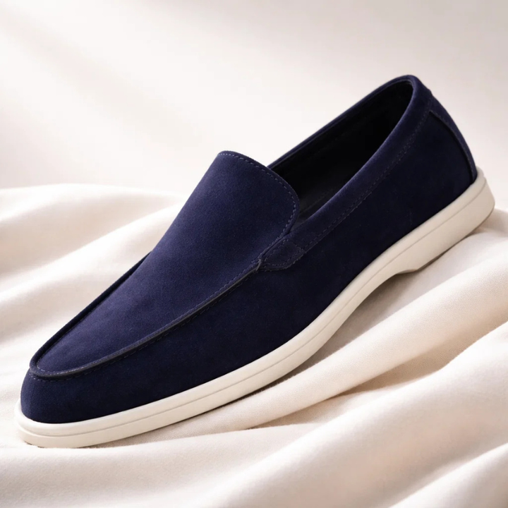 Top view of men's elegant slip-on loafers. Easy wear classic footwear, comfortable & stylish.