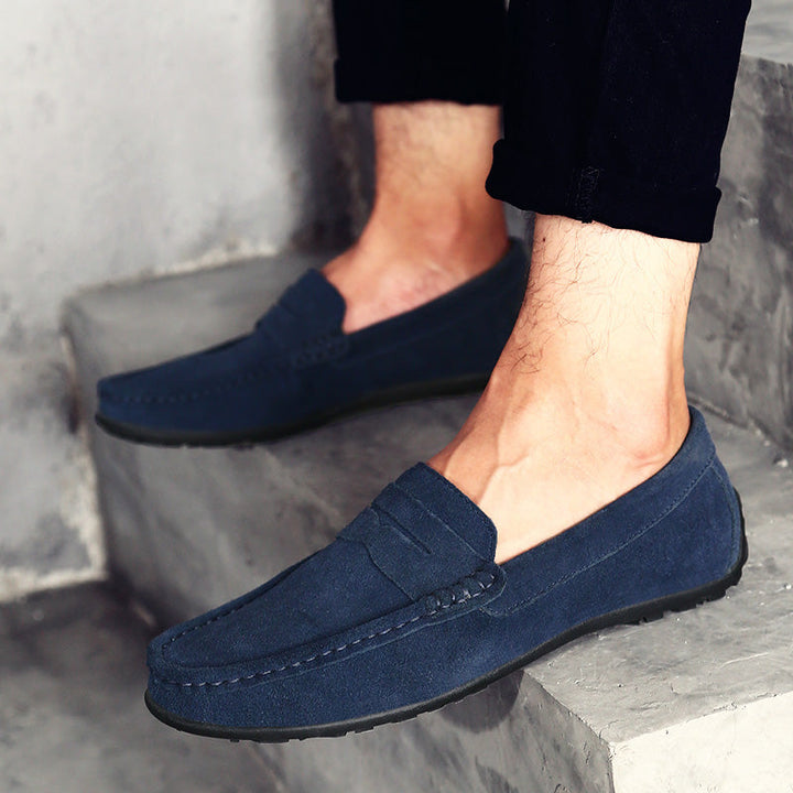 Men's classic slip-on loafers worn, highlighting all-day comfort and stylish smart casual appeal.