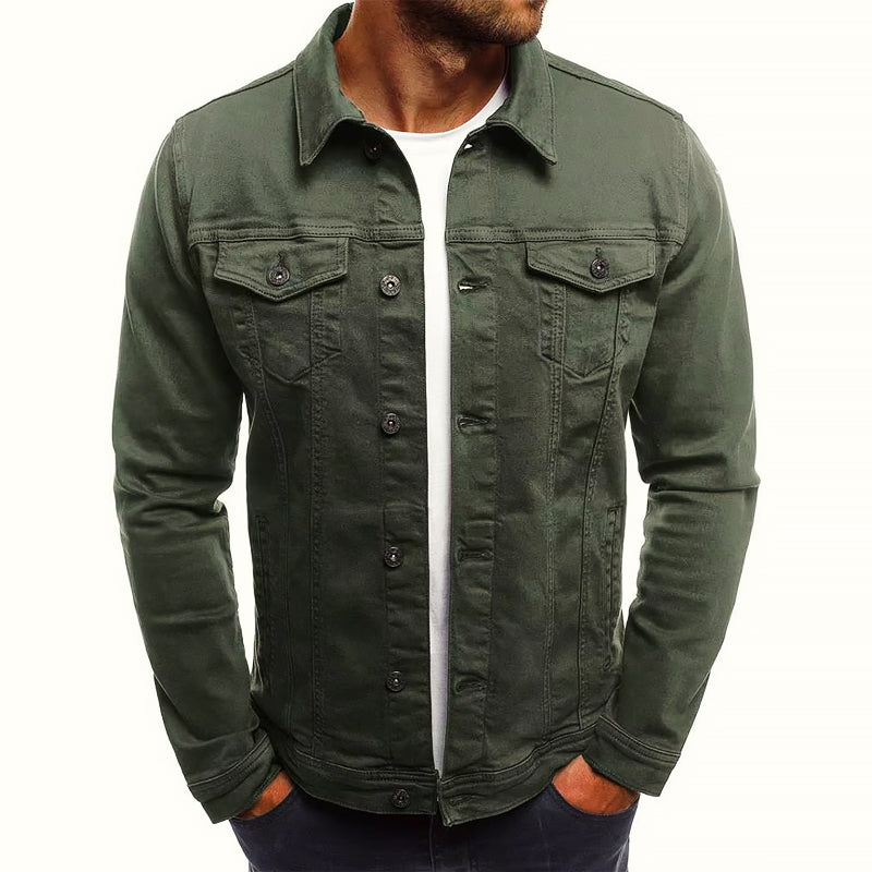 Stylish men's denim jacket, Classic Sterling design, offers comfort & timeless fashion for multi-season wear.