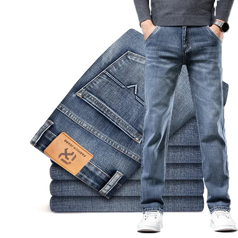 Men's classic straight fit blue denim jeans. Comfortable cotton blend stretch jeans for everyday wear.
