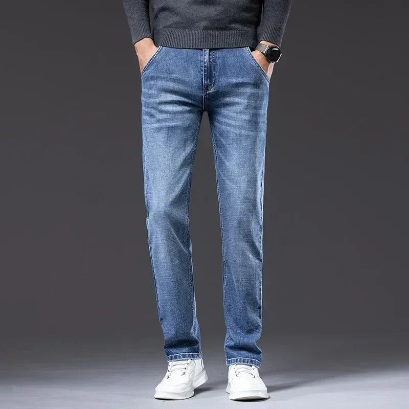 Versatile men's gray straight fit denim jeans. Classic design with stretch for ultimate comfort.
