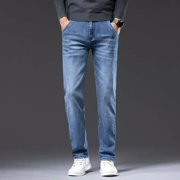 Versatile men's gray straight fit denim jeans. Classic design with stretch for ultimate comfort.