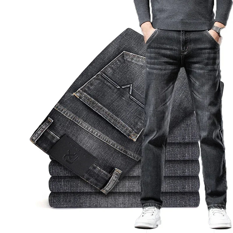 Men's stretch denim jeans, straight fit. Classic gray wash, versatile and comfortable for any occasion.