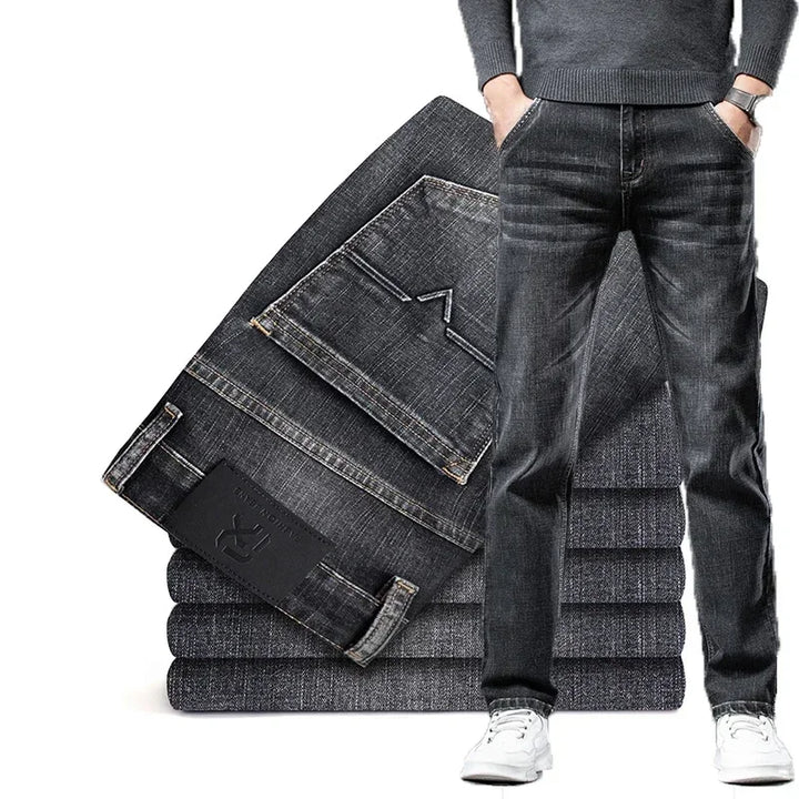 Men's stretch denim jeans, straight fit. Classic gray wash, versatile and comfortable for any occasion.