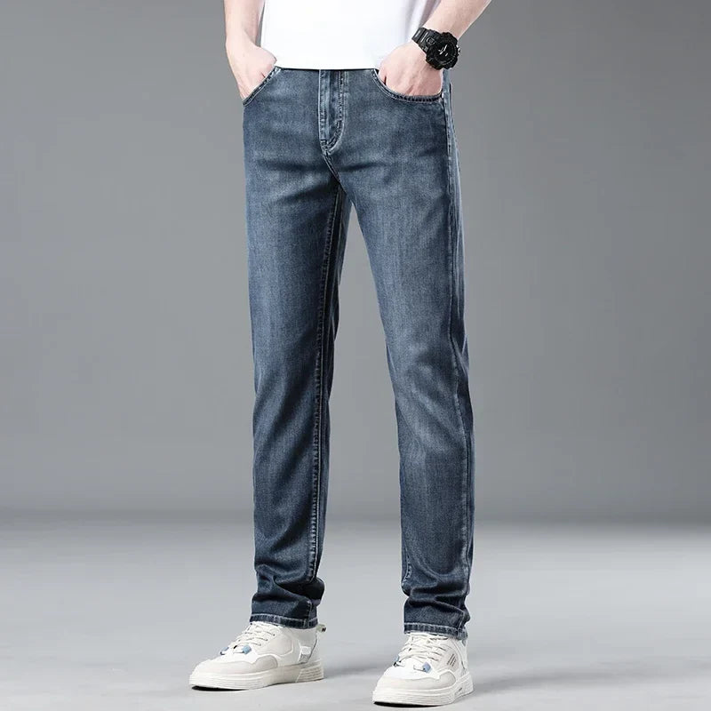 Men's apparel: classic straight fit denim jeans, a comfortable and versatile choice for everyday fashion.