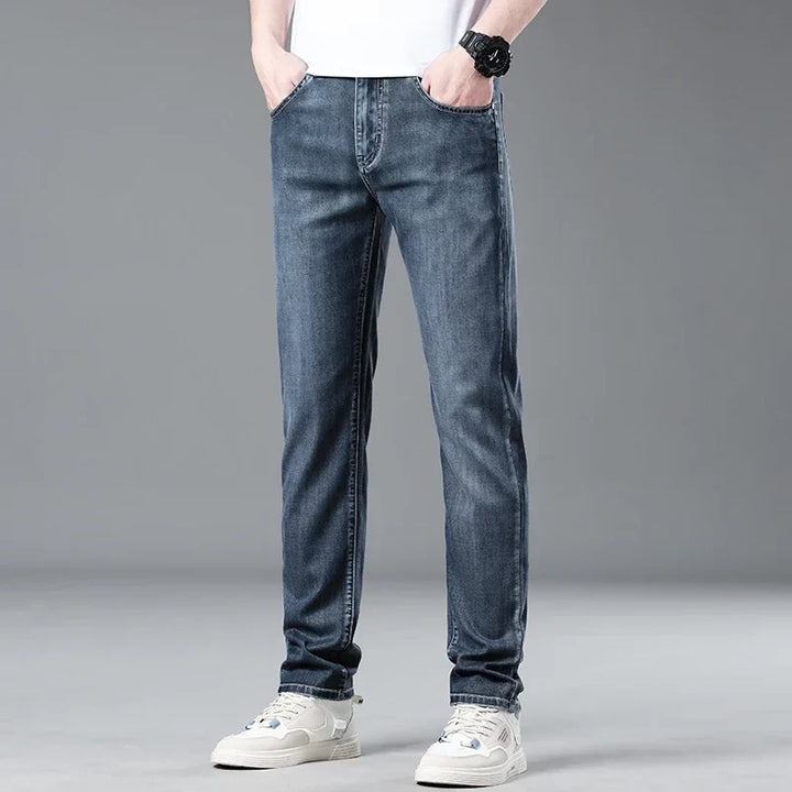 Men's apparel: classic straight fit denim jeans, a comfortable and versatile choice for everyday fashion.