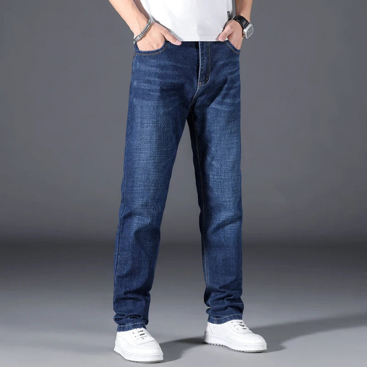 Relaxed fit men's black straight leg jeans, ideal for versatile everyday wear & durable classic men's fashion.