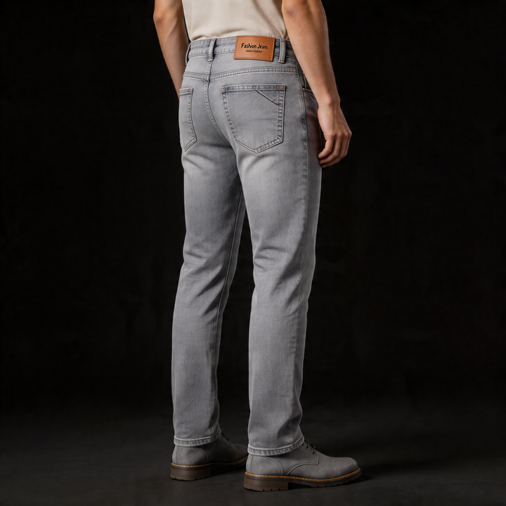 Close-up of durable fabric on blue gray men's classic straight-leg trousers for everyday comfort.
