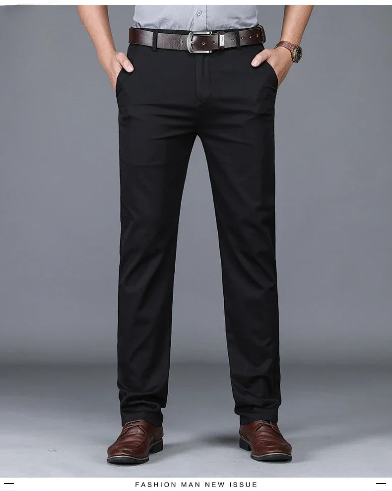 Detailed view of pocket on classic fit blue gray men's straight-leg trousers, durable everyday wear.