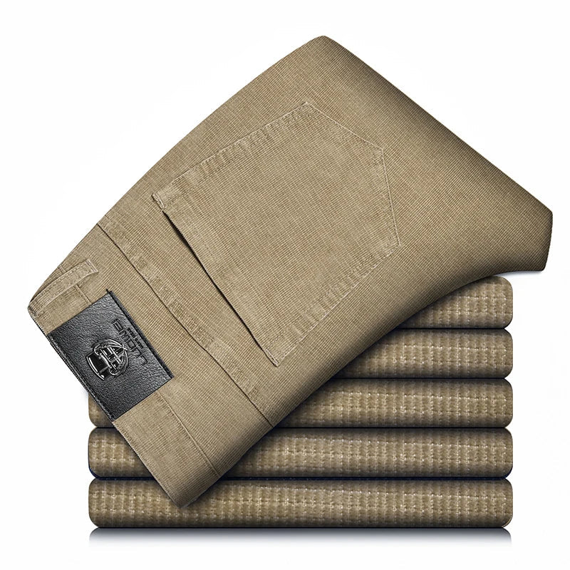 Comfortable straight fit men's corduroy pants with stretch, great for versatile smart casual looks.