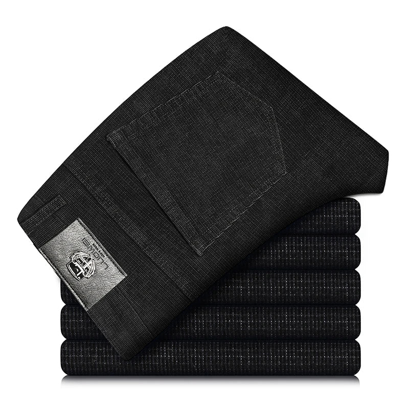 Classic men's smart casual corduroy pants with stretch, offering a comfortable straight fit.