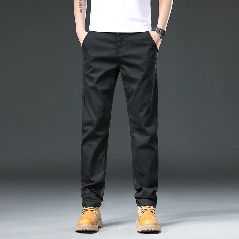 Stylish men's classic fit stretch pants in gray, perfect for everyday, workwear, and versatile casual outfits.