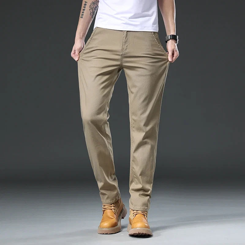Khaki men's classic fit stretch pants, comfortable & versatile for casual, office, or all-day wear fashion.