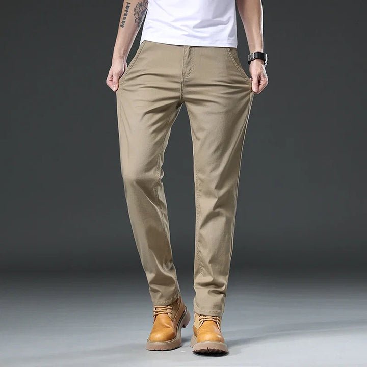 Khaki men's classic fit stretch pants, comfortable & versatile for casual, office, or all-day wear fashion.