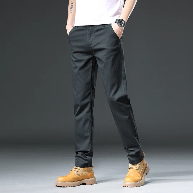Black men's classic stretch fit pants, ideal for workwear, casual outings, flexible fit & all-day comfort.