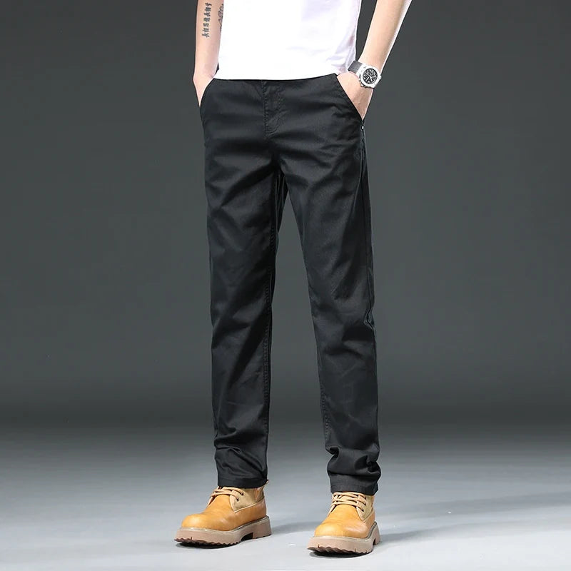 Men's everyday classic fit stretch pants, available in gray, black, khaki for versatile styling & comfort.