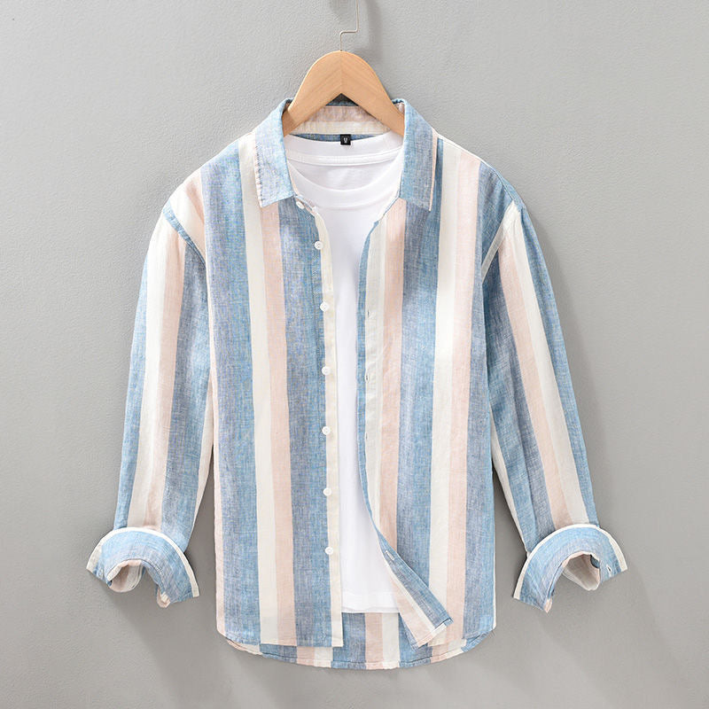 Men's classic stripe button-up shirt for versatile casual wear & summer style.