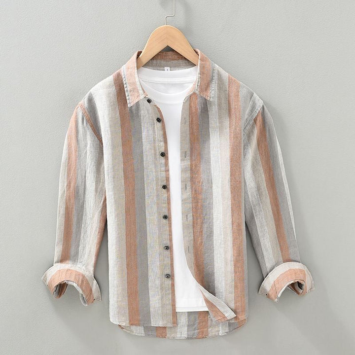 Stylish men's collared stripe button-up shirt, perfect for effortless casual fashion & everyday comfort.