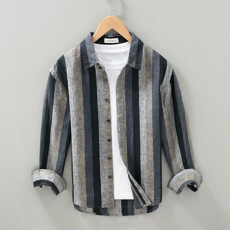 Versatile men's striped button-up shirt, ideal for summer outfits, smart-casual looks & men's fashion.