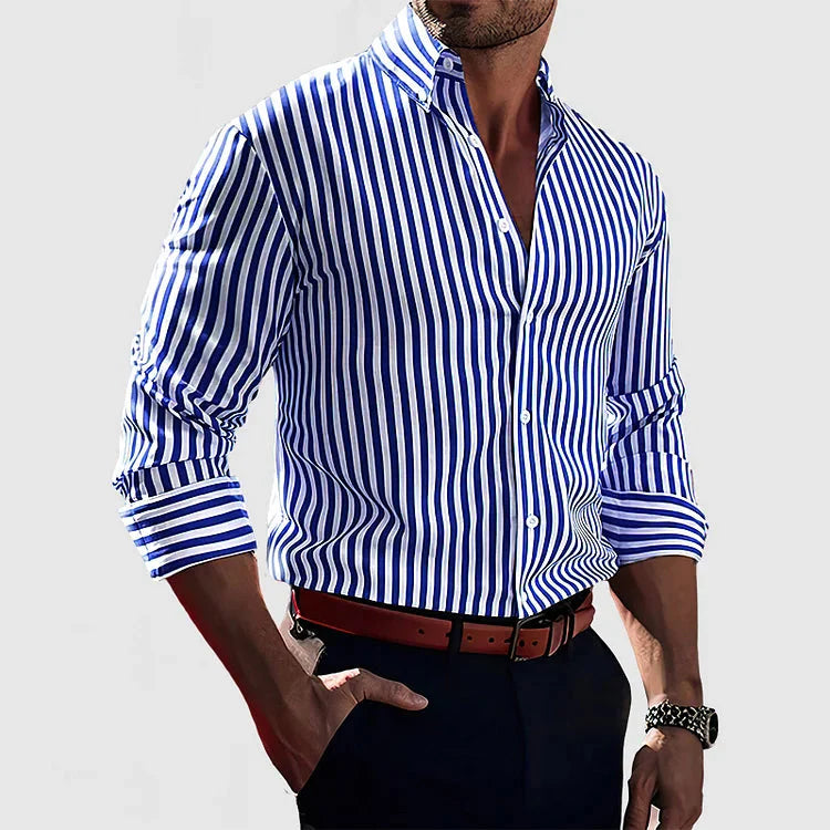 Men's classic striped button-down shirt, long sleeve, versatile for casual or formal wear. Elegant slim fit.