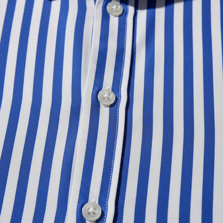 Formal men's striped cotton shirt with long sleeves and button down front.