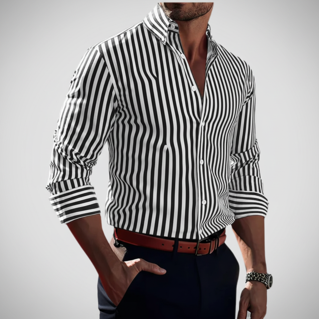 Classic long sleeve men's shirt, striped cotton for formal and casual outfits.