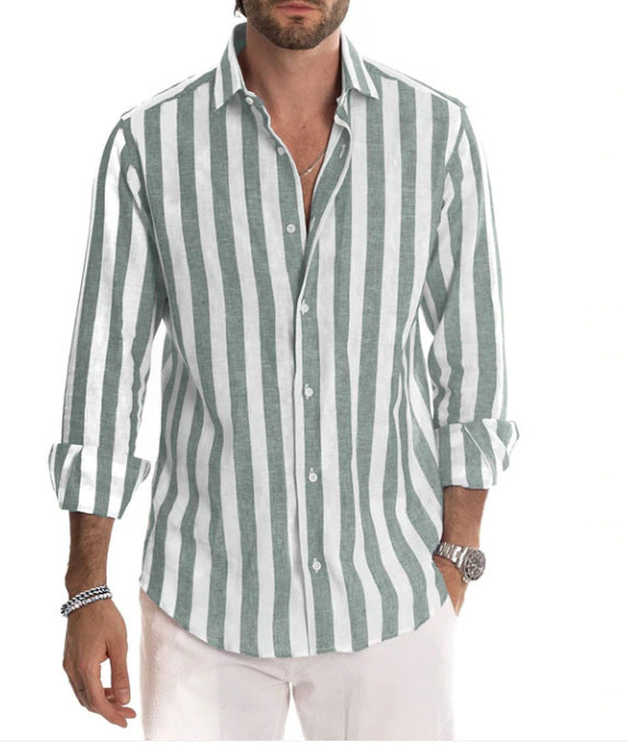 Versatile men's long sleeve striped shirt, ideal for both casual outfits & formal business casual attire.