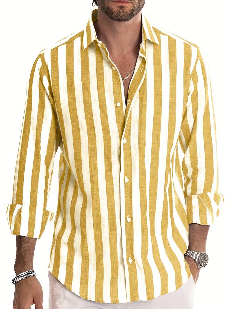 Elegant men's striped long sleeve shirt, a classic wardrobe staple for modern mens fashion. Comfortable fit.
