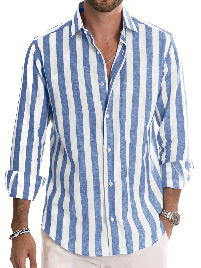Detail of a classic striped men's long sleeve shirt, emphasizing quality fabric and comfortable design.