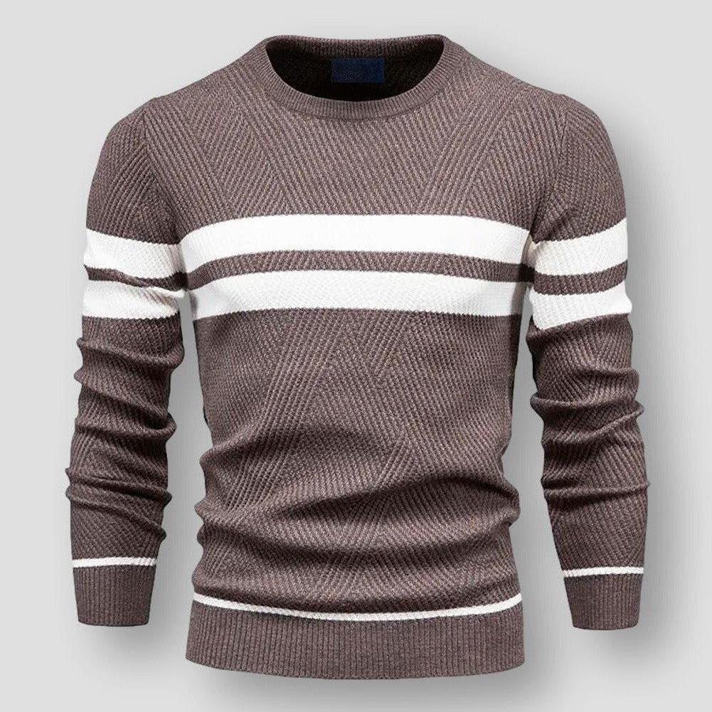 Warm men's striped sweater, a timeless pullover for winter fashion, offering comfort & classic men's style.